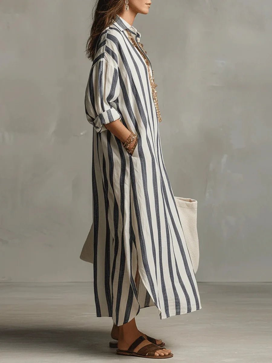 Robe Chemise Longue Femme à Rayures en Lin Coupe Ample avec Poches