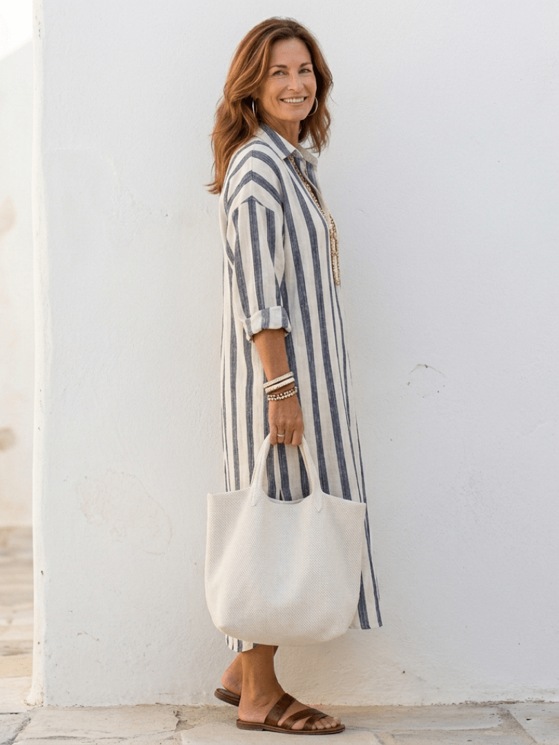 Robe Chemise Longue Femme à Rayures en Lin Coupe Ample avec Poches - Emilia Lane