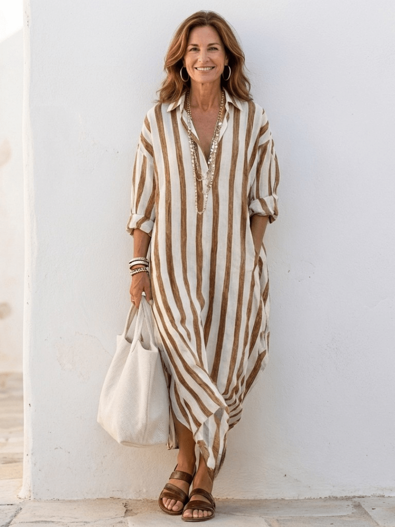 Robe Chemise Longue Femme à Rayures en Lin Coupe Ample avec Poches - Emilia Lane