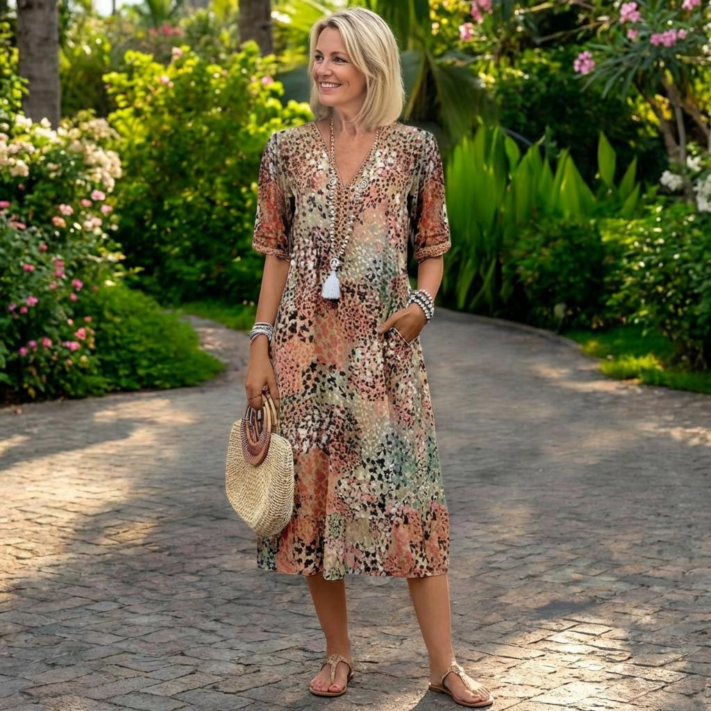 Robe Longue à Manches Courtes et Encolure en V pour Femme | Idéale pour l'Été