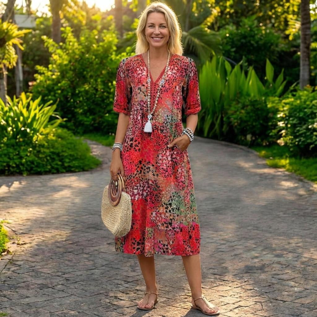Robe Longue à Manches Courtes et Encolure en V pour Femme | Idéale pour l'Été