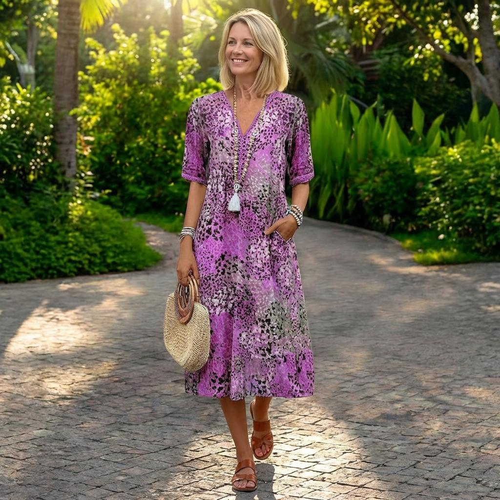 Robe Longue à Manches Courtes et Encolure en V pour Femme | Idéale pour l'Été