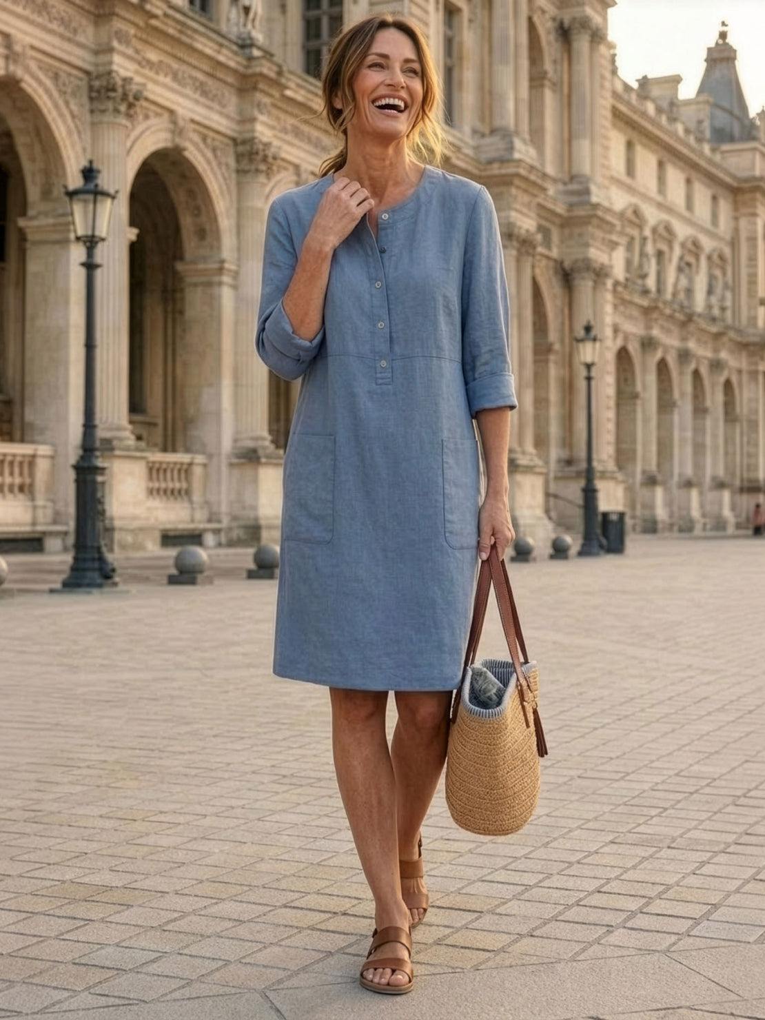 Robe Droite Femme en Lin et Coton avec Boutons et Poches - Emilia Lane