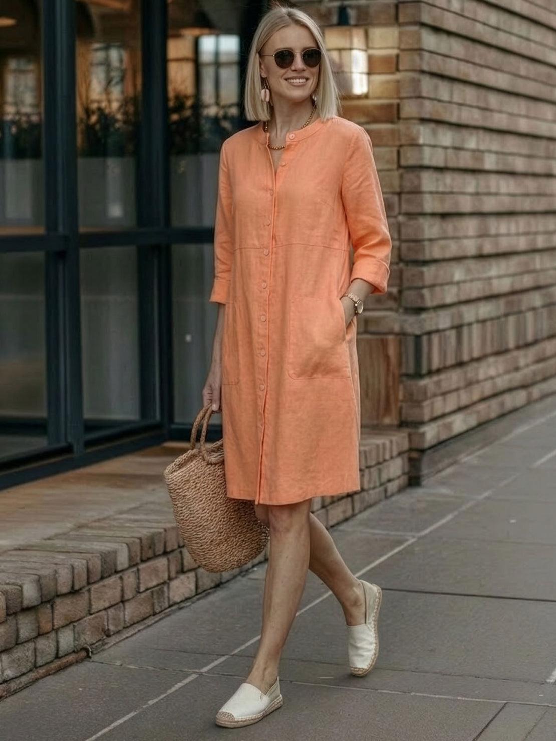 Robe Droite Femme en Lin et Coton avec Boutons et Poches - Emilia Lane