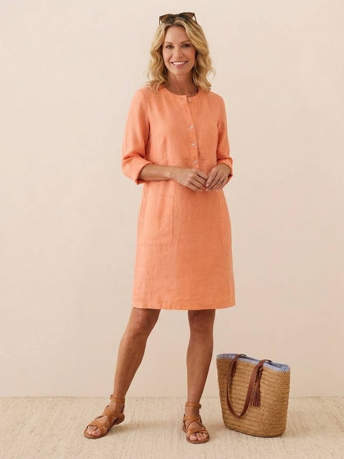 Robe Droite Femme en Lin et Coton avec Boutons et Poches - Emilia Lane