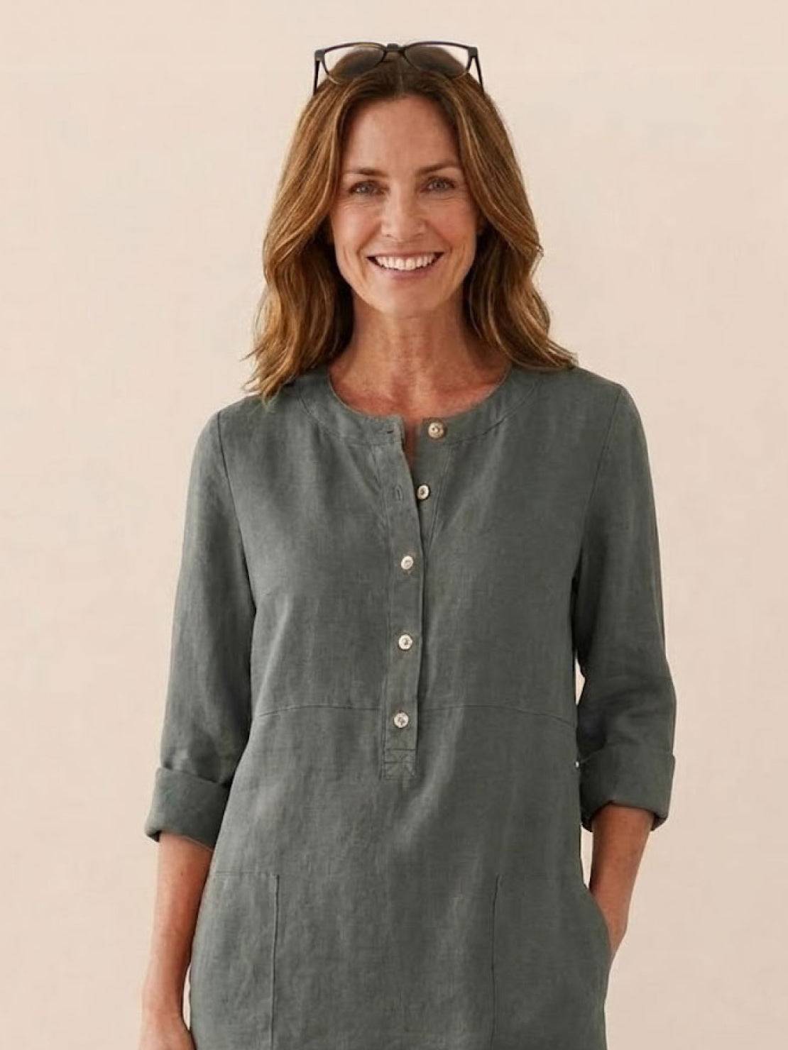Robe Droite Femme en Lin et Coton avec Boutons et Poches - Emilia Lane