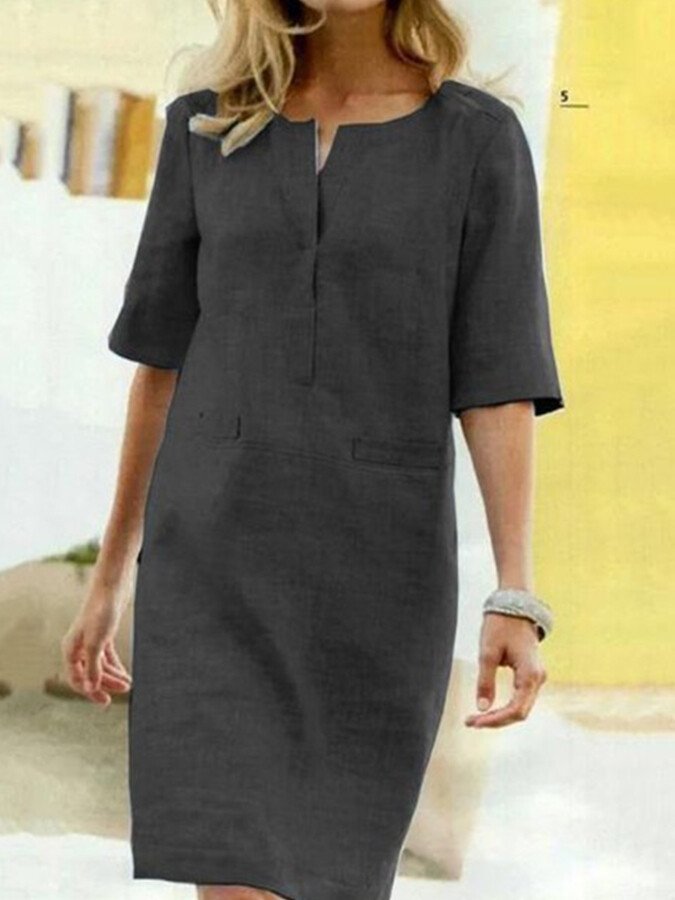 Robe Droite Midi à Encolure Fendue et Manches Mi - Longues pour Femme | Idéale pour l'Été - Emilia Lane