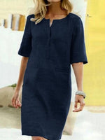 Robe Droite Midi à Encolure Fendue et Manches Mi - Longues pour Femme | Idéale pour l'Été - Emilia Lane