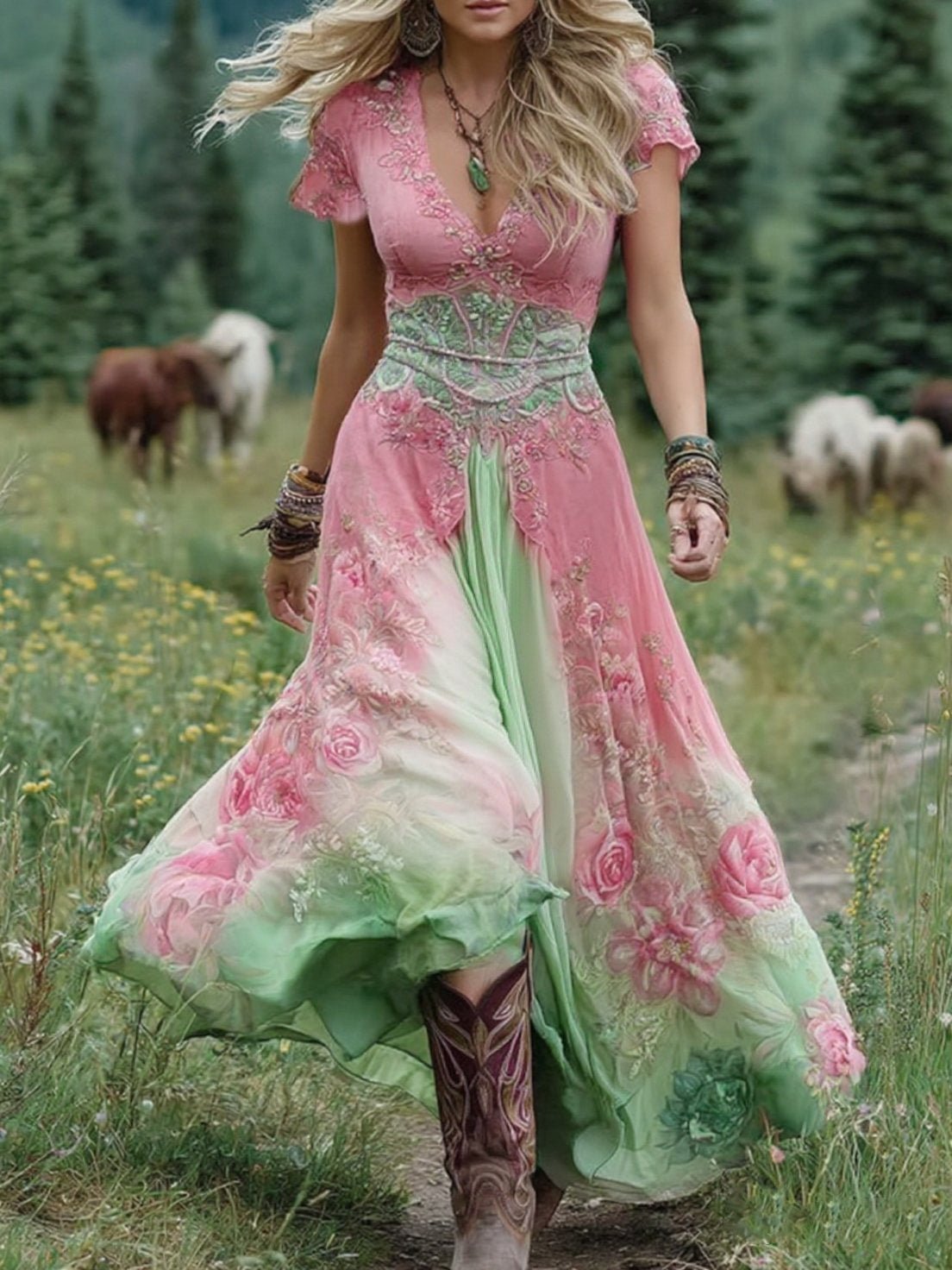 Robe Longue à Imprimé Floral et Encolure en V pour Femme | Idéale pour les Vacances - Emilia Lane