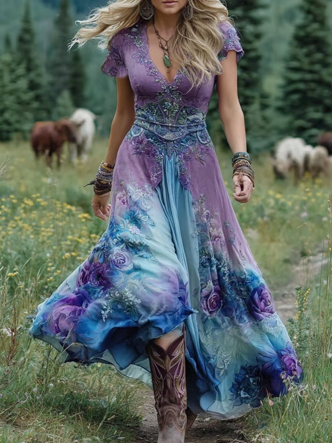 Robe Longue à Imprimé Floral et Encolure en V pour Femme | Idéale pour les Vacances - Emilia Lane