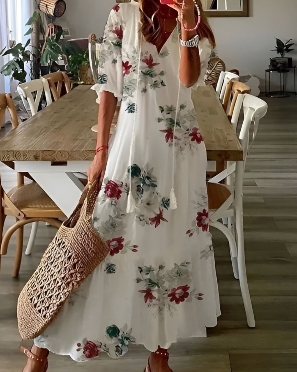Robe longue à manches trois - quarts à motif à carreaux pour femmes - Emilia Lane