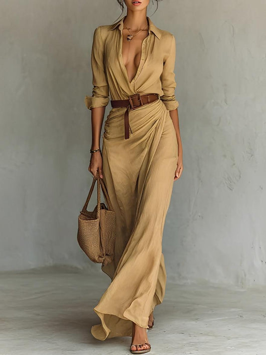 Robe Longue Ceinturée en Coton pour Femmes