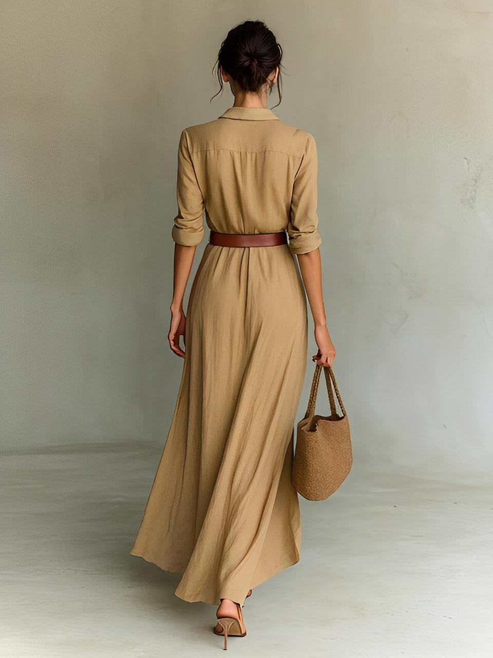 Robe Longue Ceinturée en Coton pour Femmes