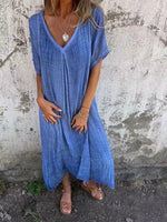 Robe longue en coton et lin à col en V pour femmes - Emilia Lane