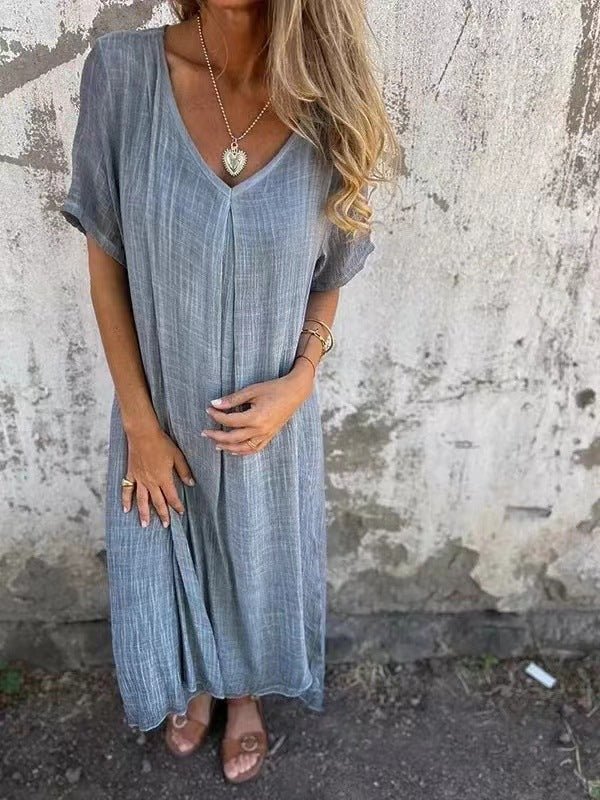 Robe longue en coton et lin à col en V pour femmes - Emilia Lane