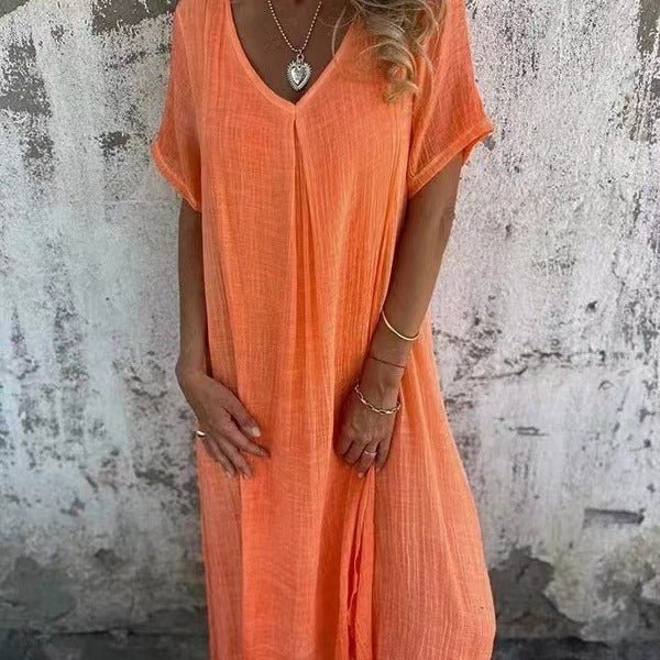 Robe longue en coton et lin à col en V pour femmes - Emilia Lane