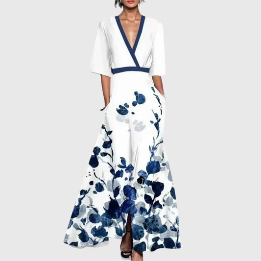 Robe longue plissée imprimée à col en V pour femmes - Emilia Lane