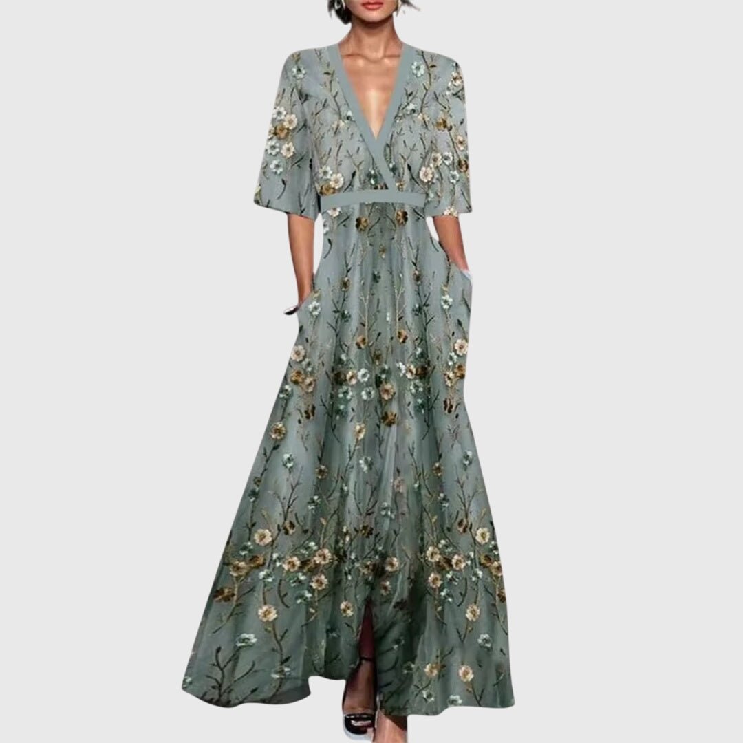 Robe longue plissée imprimée à col en V pour femmes - Emilia Lane