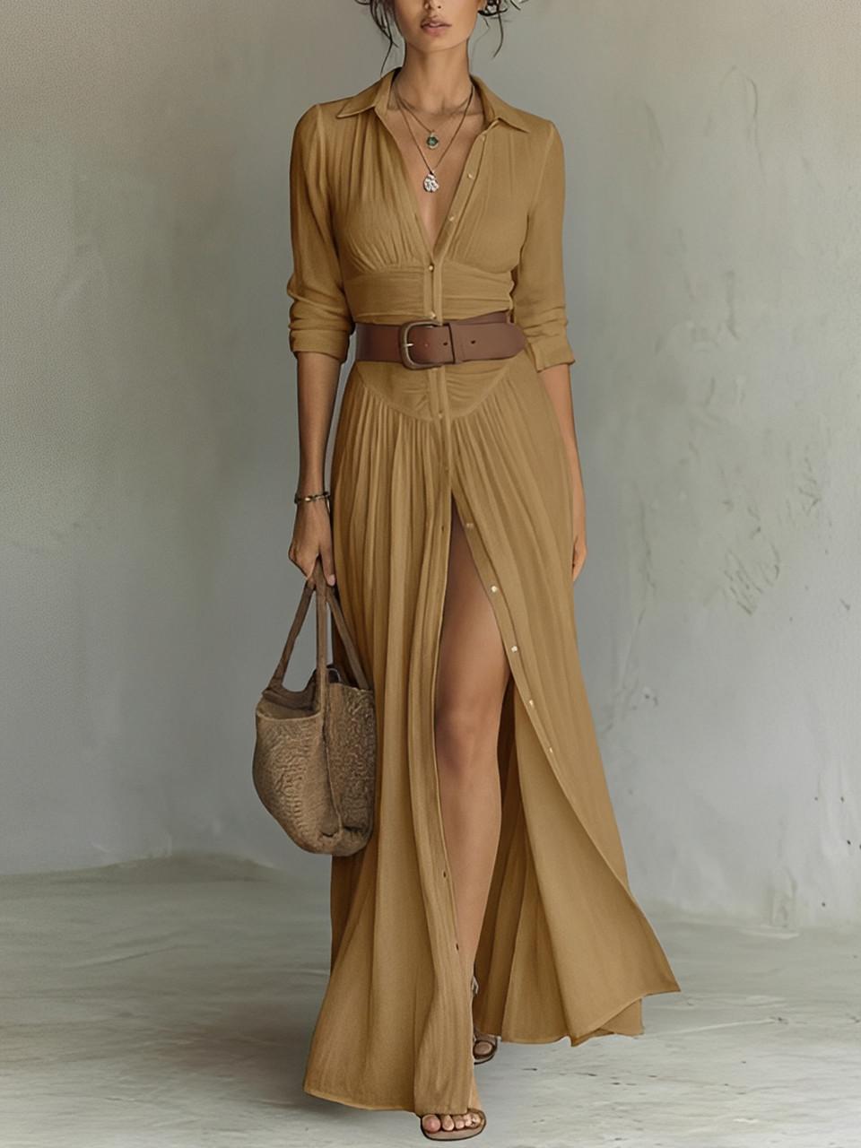 Robe Longue en Lin avec Col à Revers pour Femme | Idéale pour le Printemps