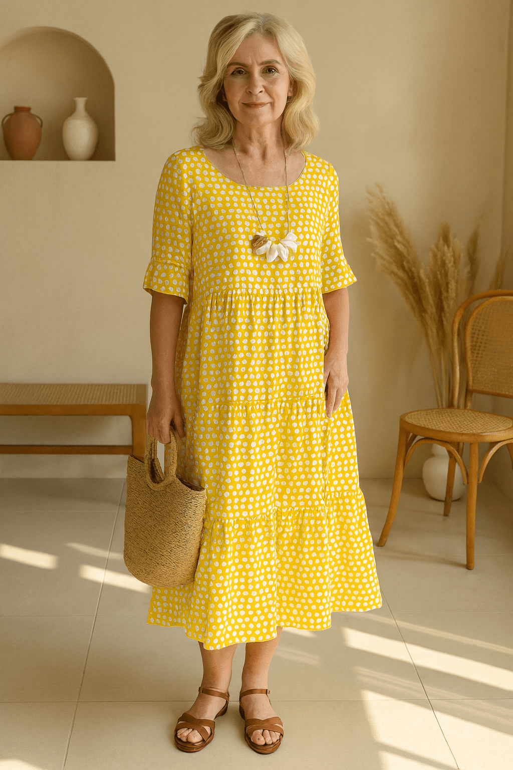 Robe Midi À Manches Évasées À Pois Beige - Emilia Lane