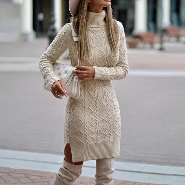 Robe Pull Courte et Moulante à Manches Longues et Col Roulé pour Femme - Emilia Lane