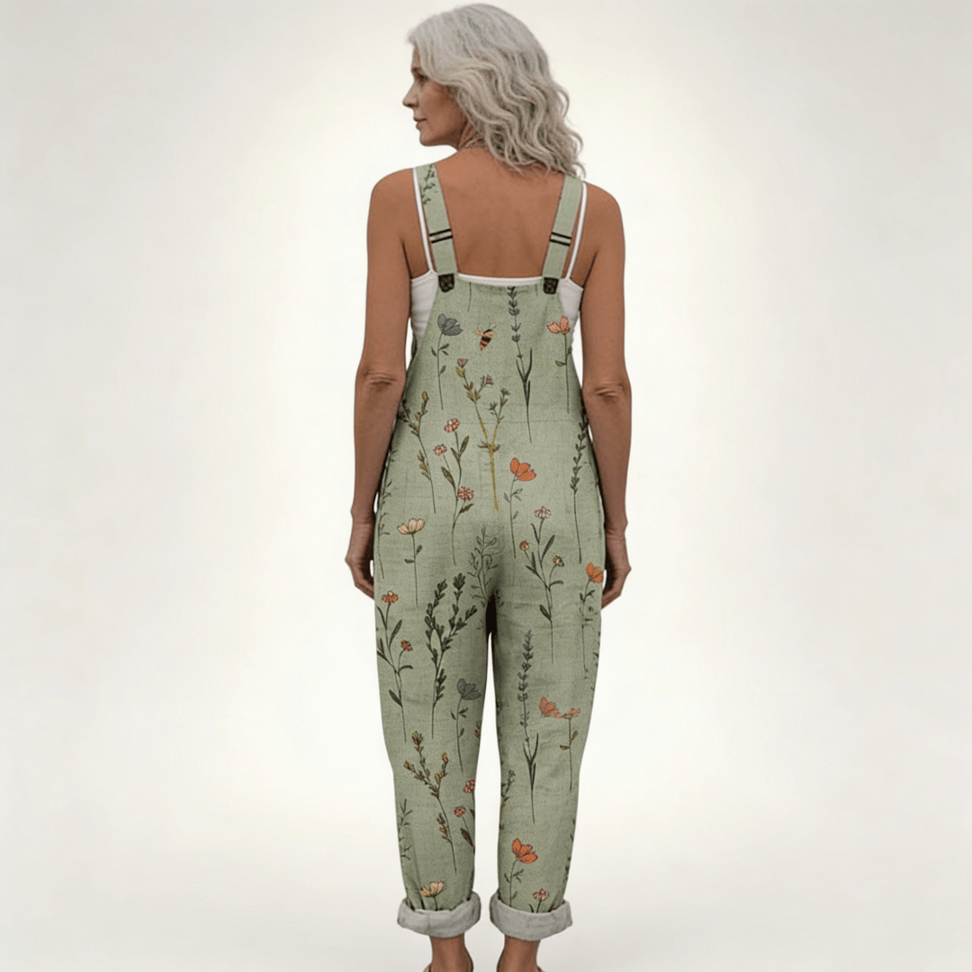 Salopette Femme Ample à Imprimé Floral Vert avec Bretelles Réglables et Poches - Emilia Lane