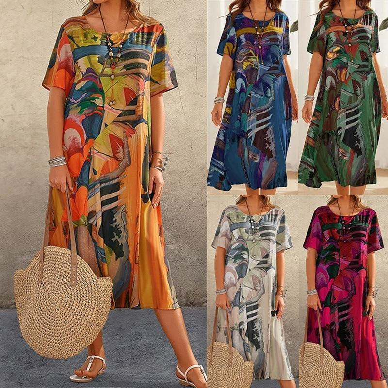 Robe Longue Imprimé Tropicaux Manches Courtes pour Femme