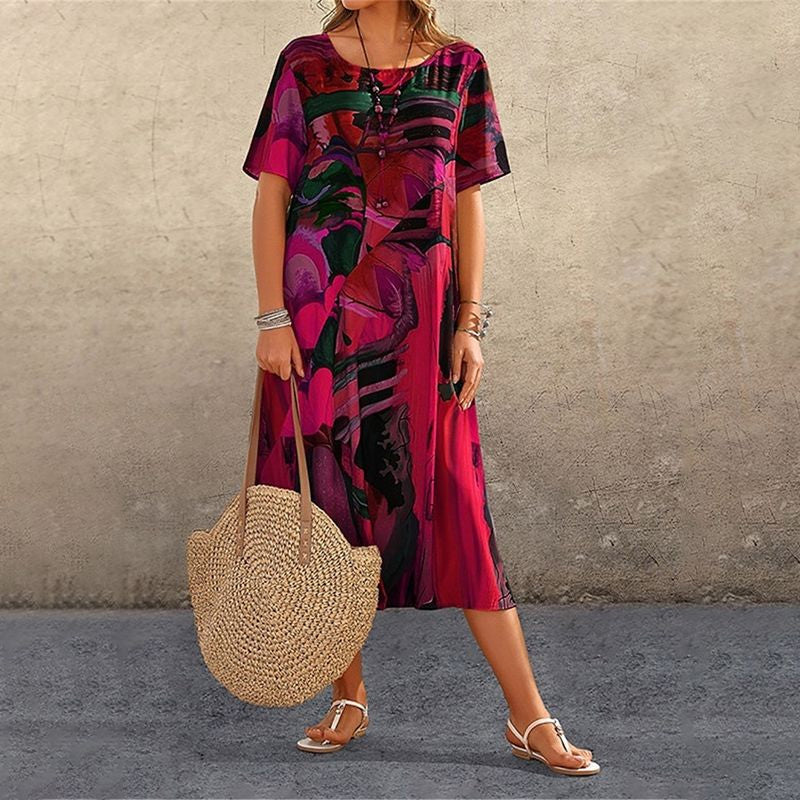 Robe Longue Imprimé Tropicaux Manches Courtes pour Femme