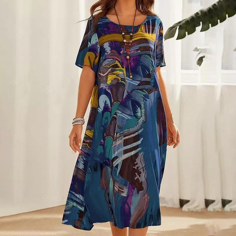 Robe Longue Imprimé Tropicaux Manches Courtes pour Femme