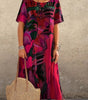 Robe Longue Imprimé Tropicaux Manches Courtes pour Femme