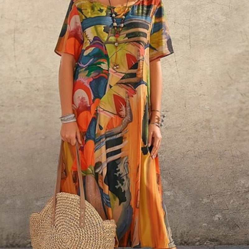 Robe Longue Imprimé Tropicaux Manches Courtes pour Femme