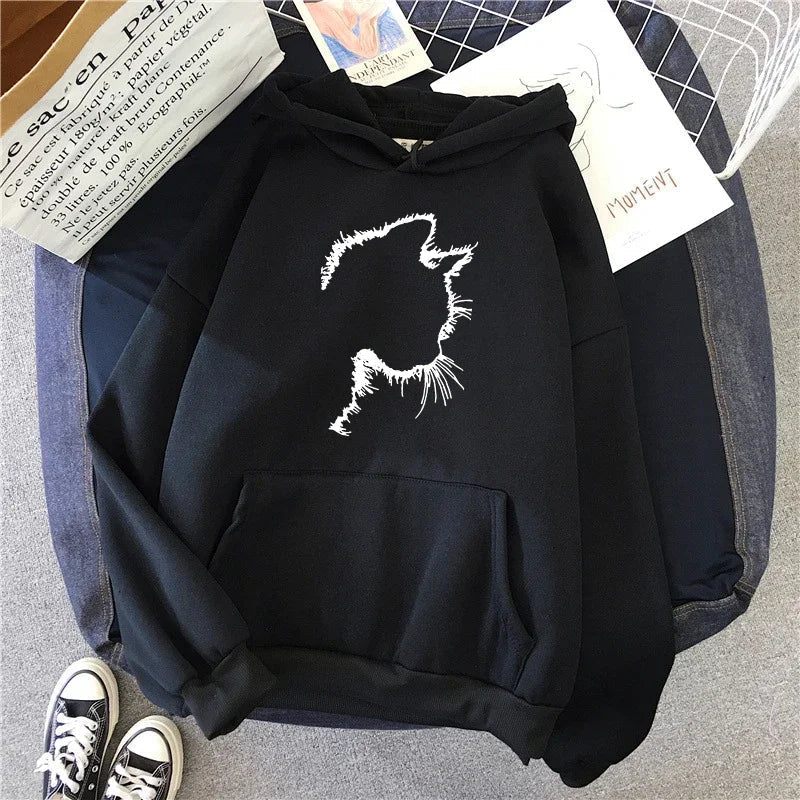 Sweat à Capuche Imprimé Chat Style Minimaliste pour Femmes - Emilia Lane