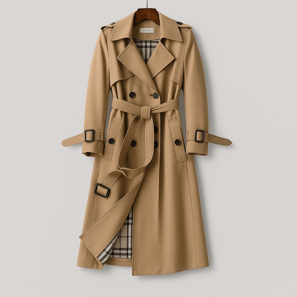 Trench Long Femme Ceinturé – Double Boutonnage et Doublure à Carreaux