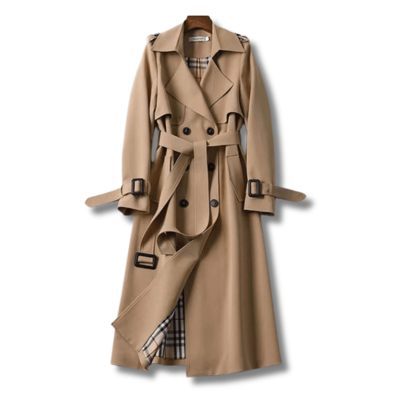 Trench Long Femme Ceinturé – Double Boutonnage et Doublure à Carreaux